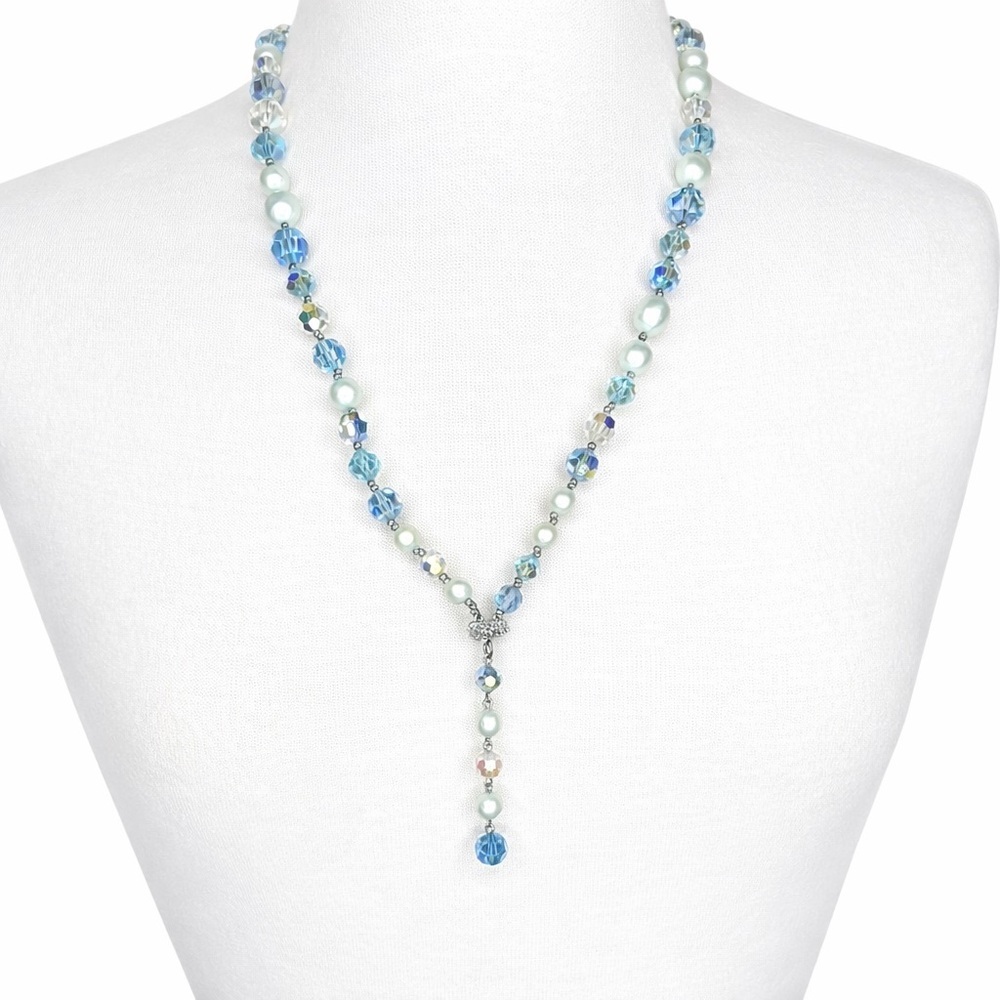 Vintage Pearl Green Blue Crystal Opera Y Drop Necklace Silver Tone Beaded 27 In